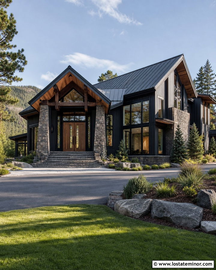 Jet Black House With Walnut Double Entry Door - 30 Jet Black House Design With Entry Door Ideas
