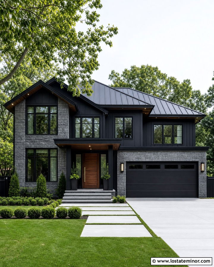 Jet Black House With Walnut Front Door - 30 Jet Black House Design With Front Door Ideas