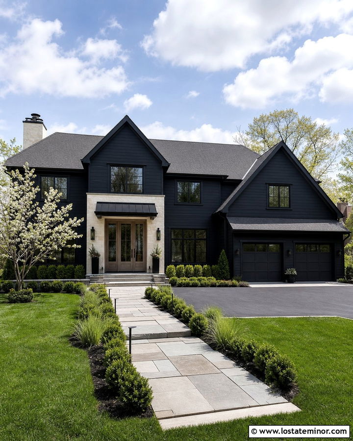 Jet Black House With Warm Greige Entry Door - 30 Jet Black House Design With Entry Door Ideas