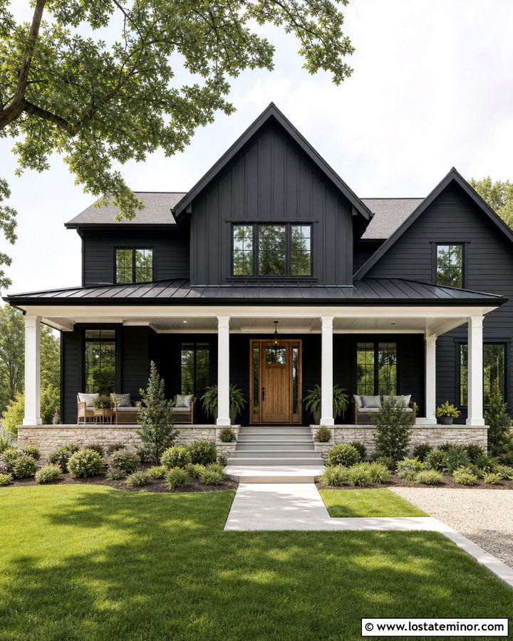 Jet Black House With White Board And Batten Porch Ceiling - 30 Jet Black House Design With Porch Ceiling Ideas
