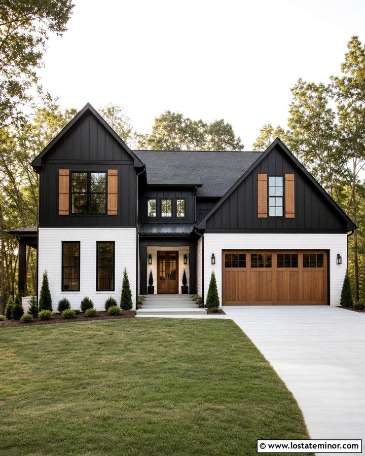 Jet Black House With White Brick And Cedar Shutters - 30 Jet Black House Design With Shutters Ideas