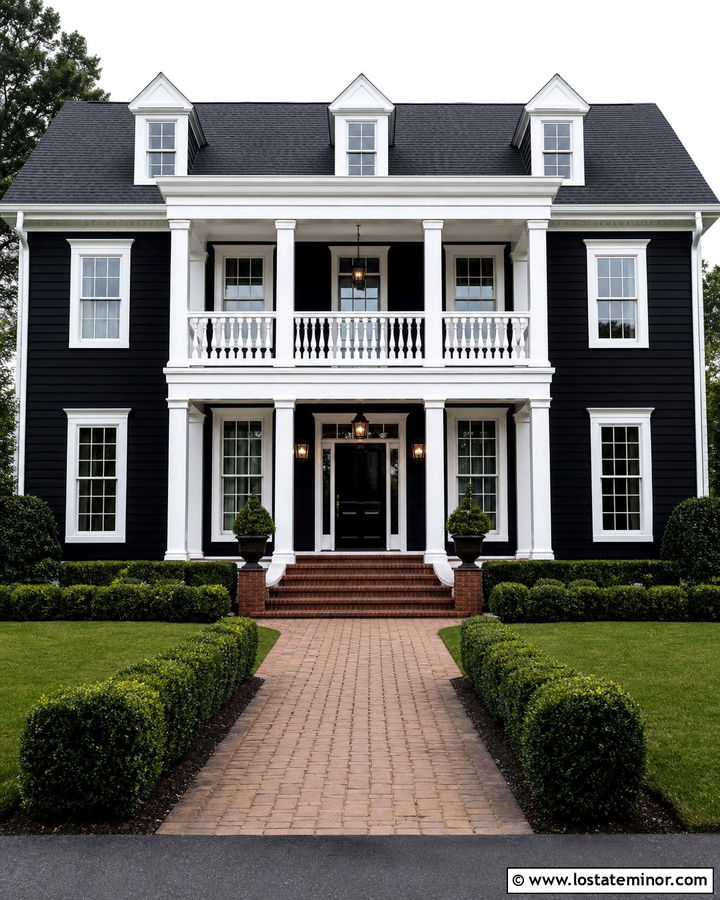 Jet Black House With White Colonial Railings - 30 Jet Black House Design With Railings Ideas