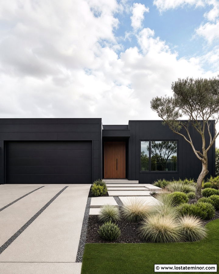 Jet Black House With White Concrete Driveway - 30 Jet Black House Design With Driveway Ideas