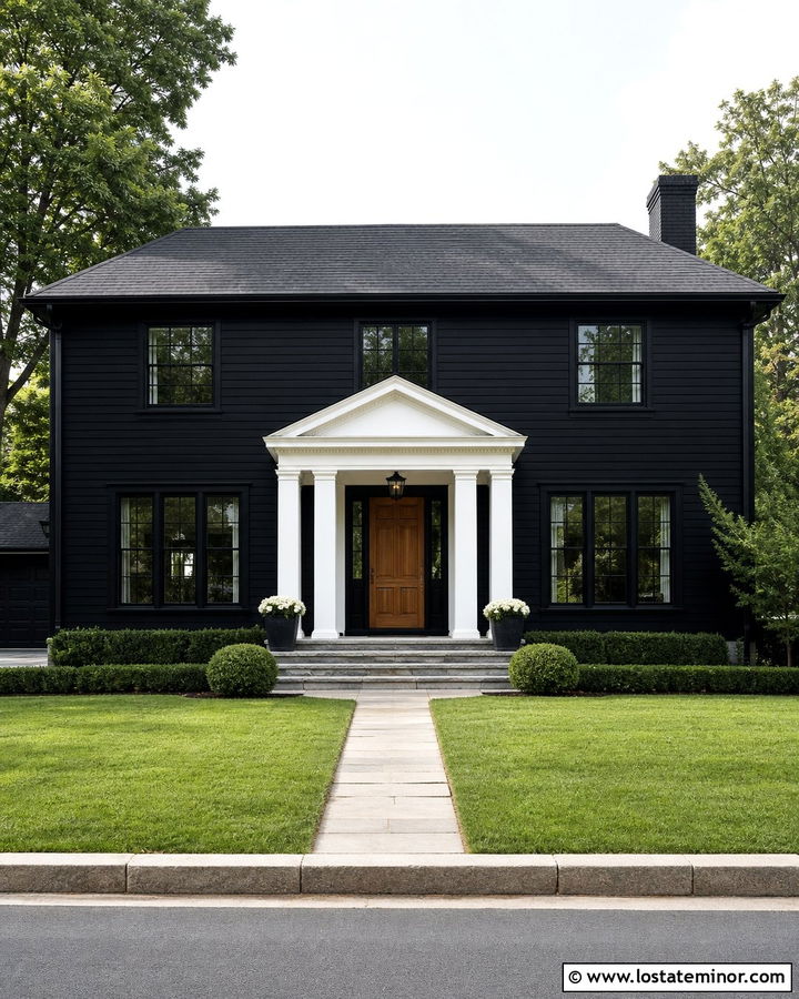 Jet Black House With White Gabled Portico - 30 Jet Black House Design With Portico Ideas