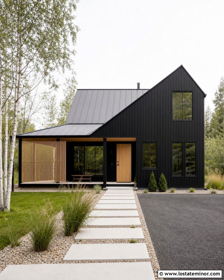 Jet Black House With White Oak Entry Door - 30 Jet Black House Design With Entry Door Ideas
