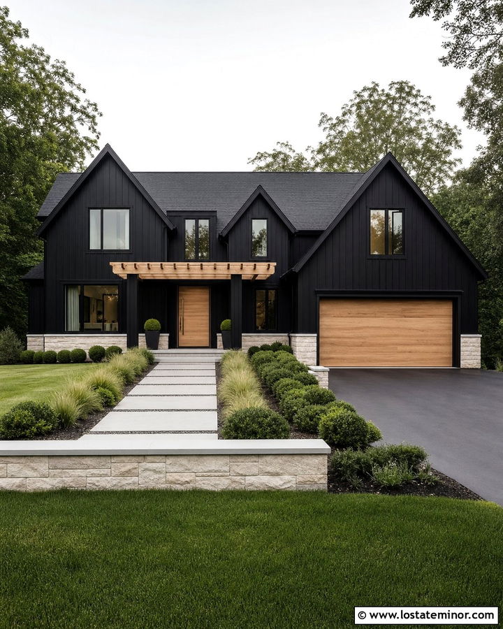 Jet Black House With White Oak Pergola - 30 Jet Black House Design With Pergola Ideas