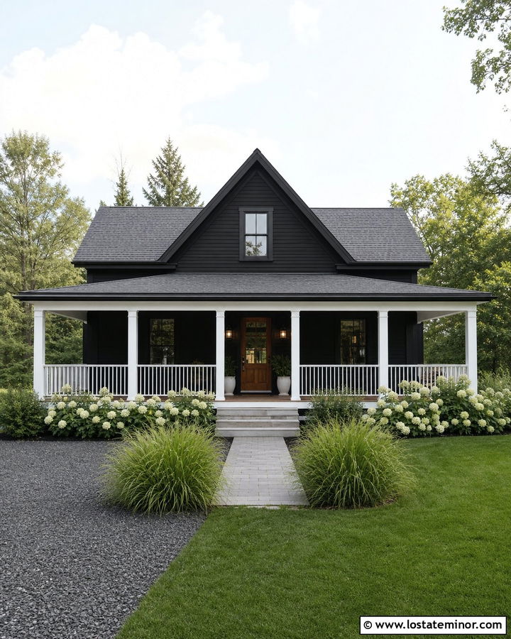 Jet Black House With White Porch Railings - 30 Jet Black House Design With Railings Ideas