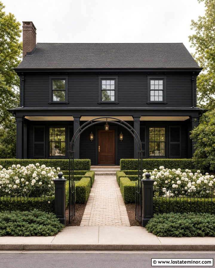 Jet Black House With White Rose Garden - 30 Jet Black House Design With Landscaping Ideas