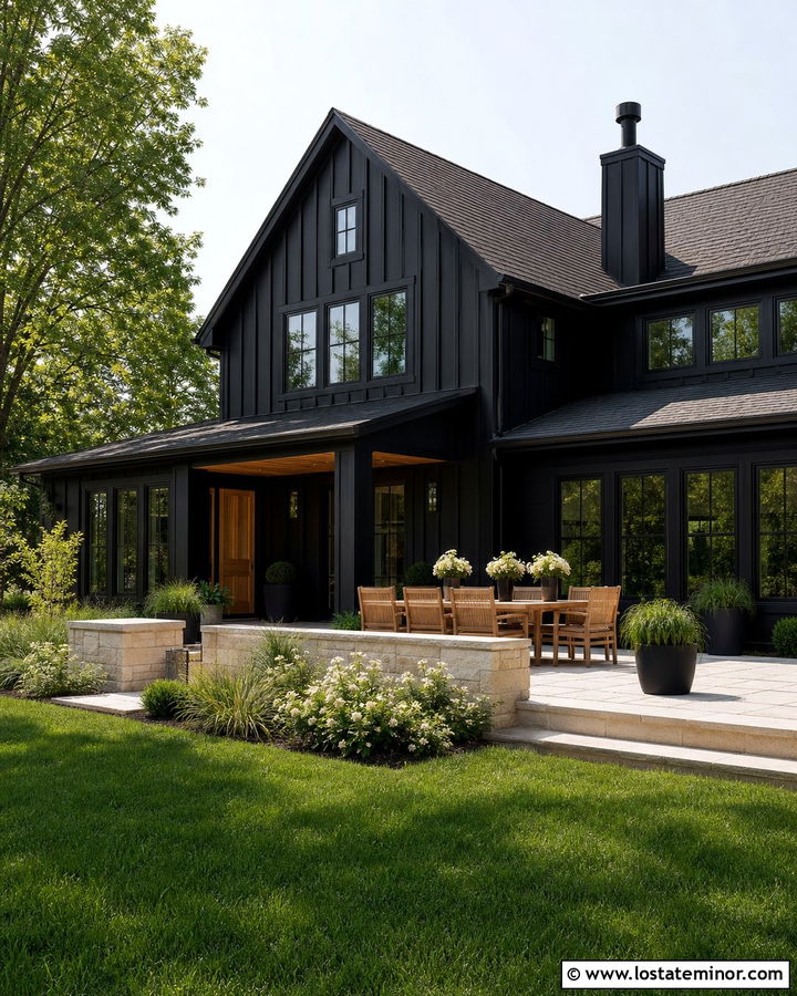 Jet Black House With White Stone Patio - 30 Jet Black House Design With Backyard Ideas