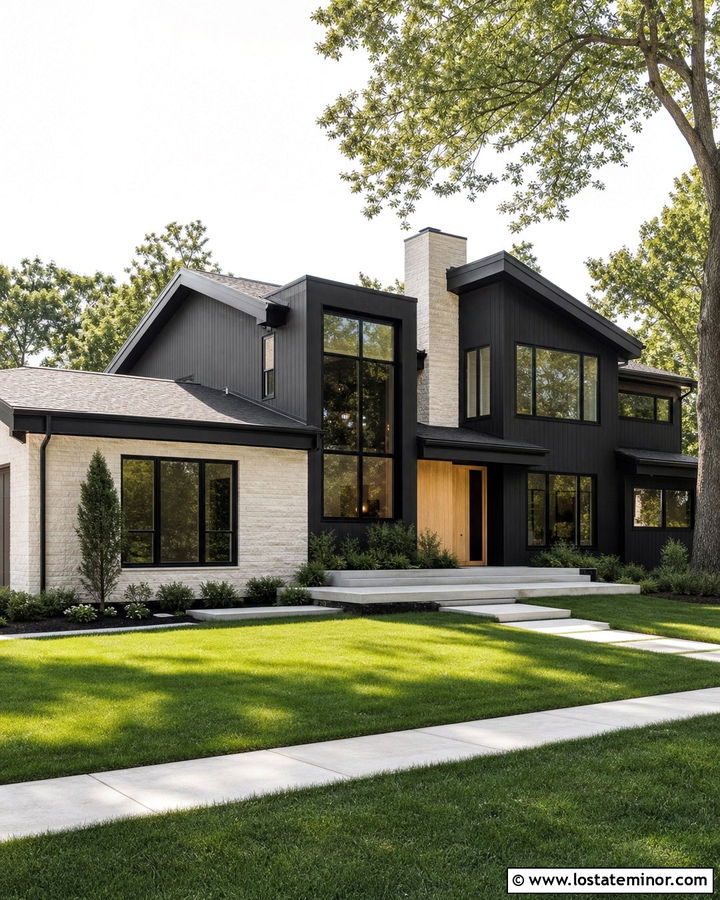 Jet Black House With White Stone - 30 Jet Black House Design With Accents Ideas