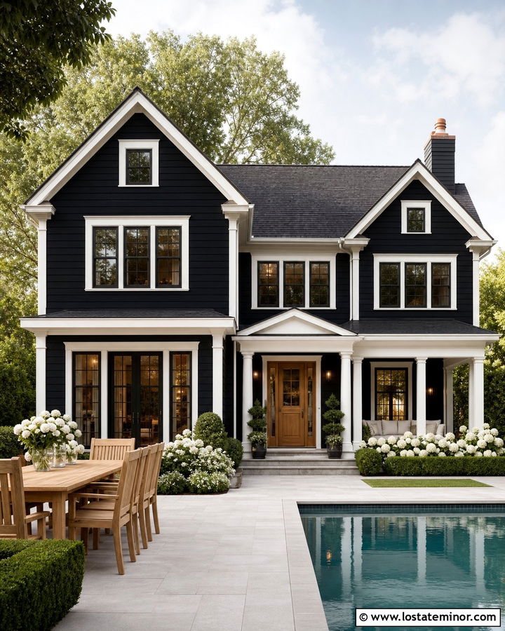 Jet Black House With White Trim And Pool - 30 Jet Black House Design With Swimming Pool Ideas
