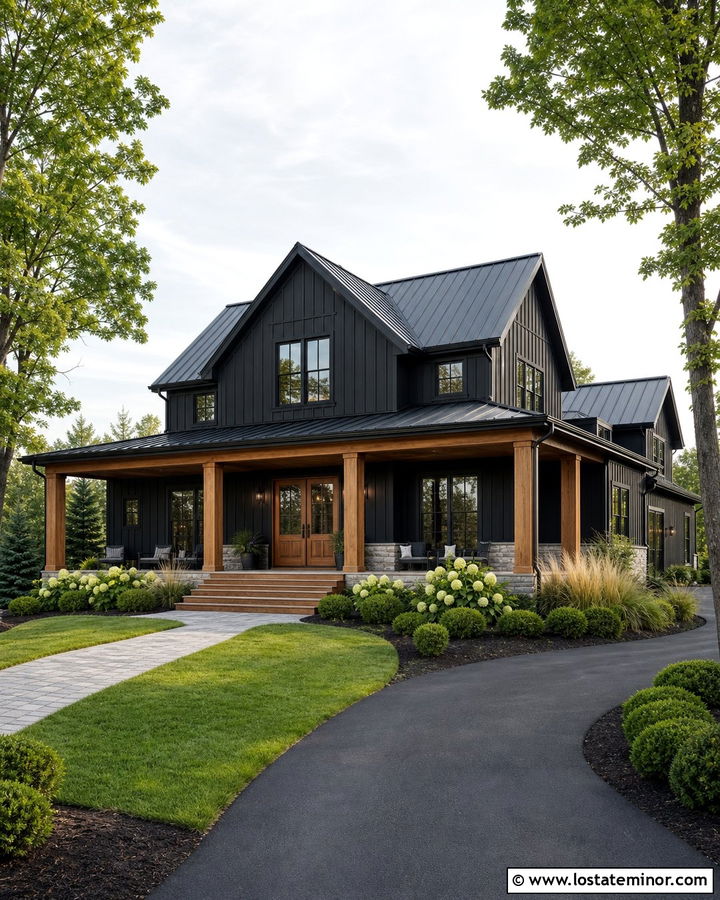 Jet Black House With Wide Front Porch - 30 Jet Black House Design With Front Yard Ideas