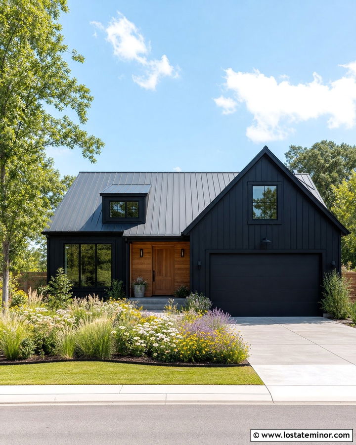 Jet Black House With Wildflower Landscaping - 30 Jet Black House Design With Landscaping Ideas