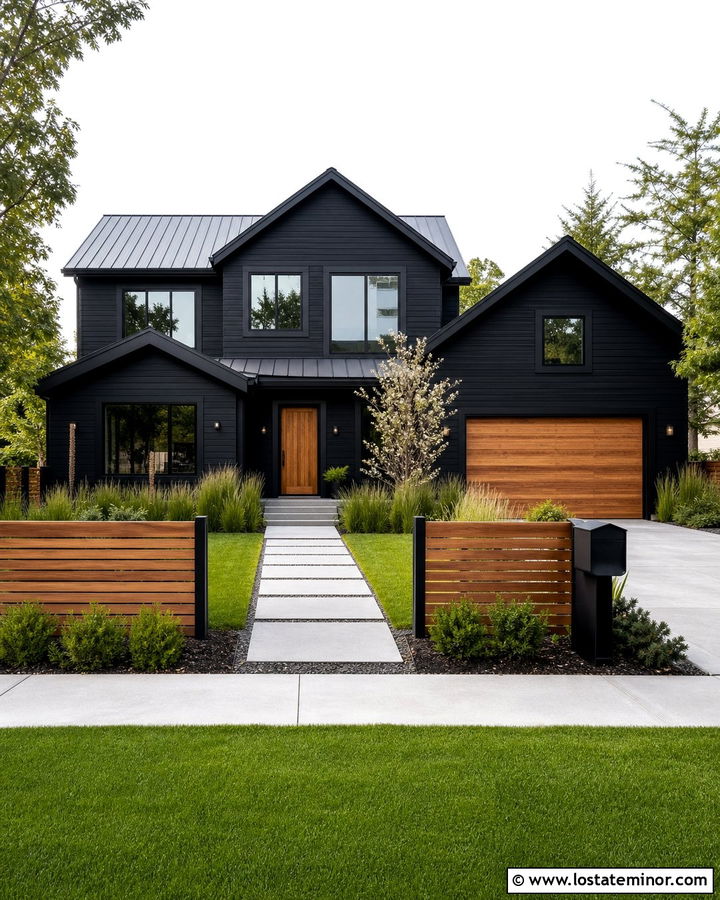 Jet Black House With Wood Fence Front Yard - 30 Jet Black House Design With Front Yard Ideas