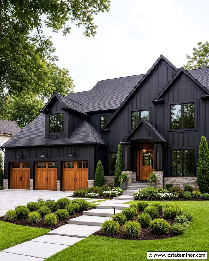 Jet Black House With Wood Garage Doors - 30 Jet Black House Design With Board and Batten Ideas