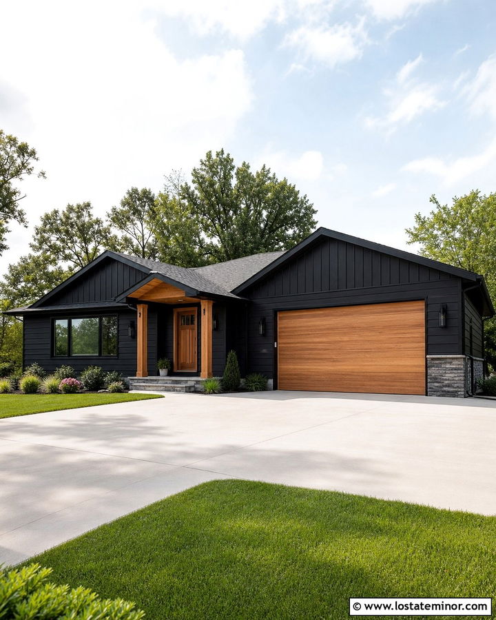 Jet Black House With Wood Garage Doors - 30 Jet Black House Design With Accents Ideas