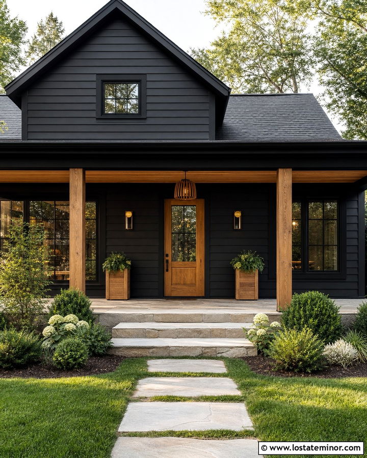 Jet Black House With Wood Pendant Lights - 30 Jet Black House Design With Light Fixtures Ideas