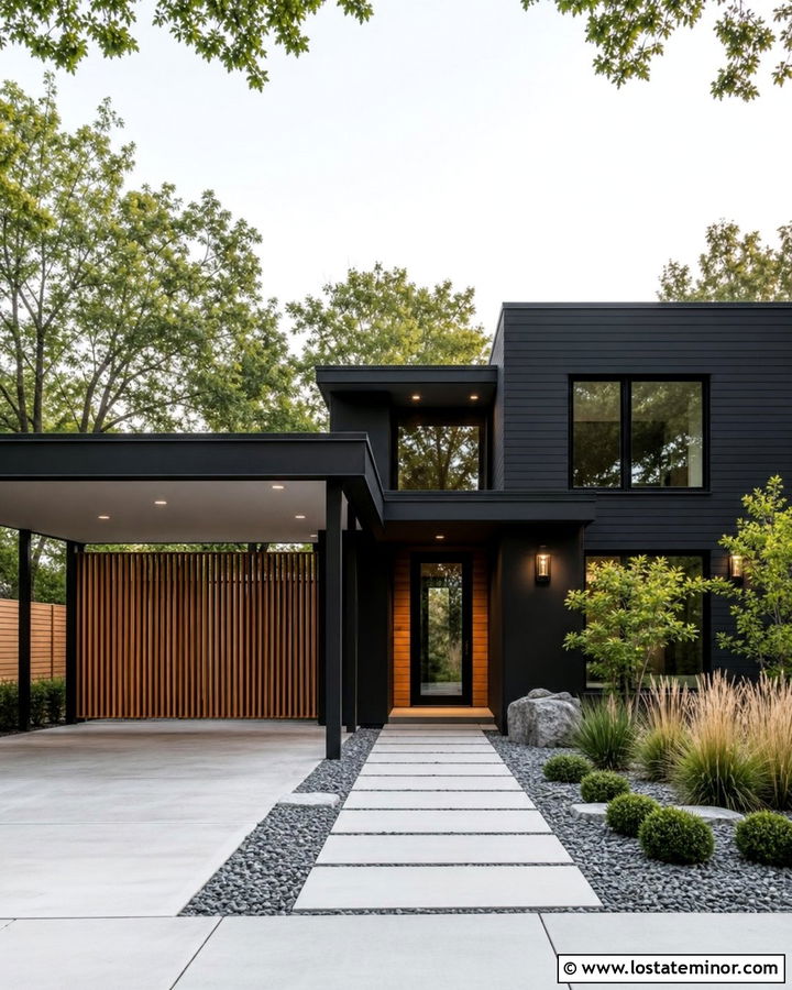 Jet Black House With Wood Slat Carport - 30 Jet Black House Design With Carport Ideas