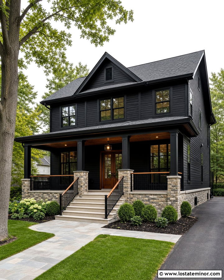 Jet Black House With Wood Top Railings - 30 Jet Black House Design With Railings Ideas