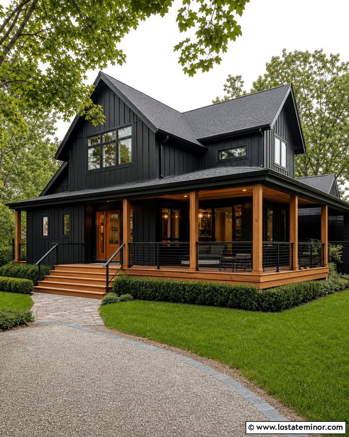 Jet Black House With Wraparound Corner Deck - 30 Jet Black House Design With Deck Ideas