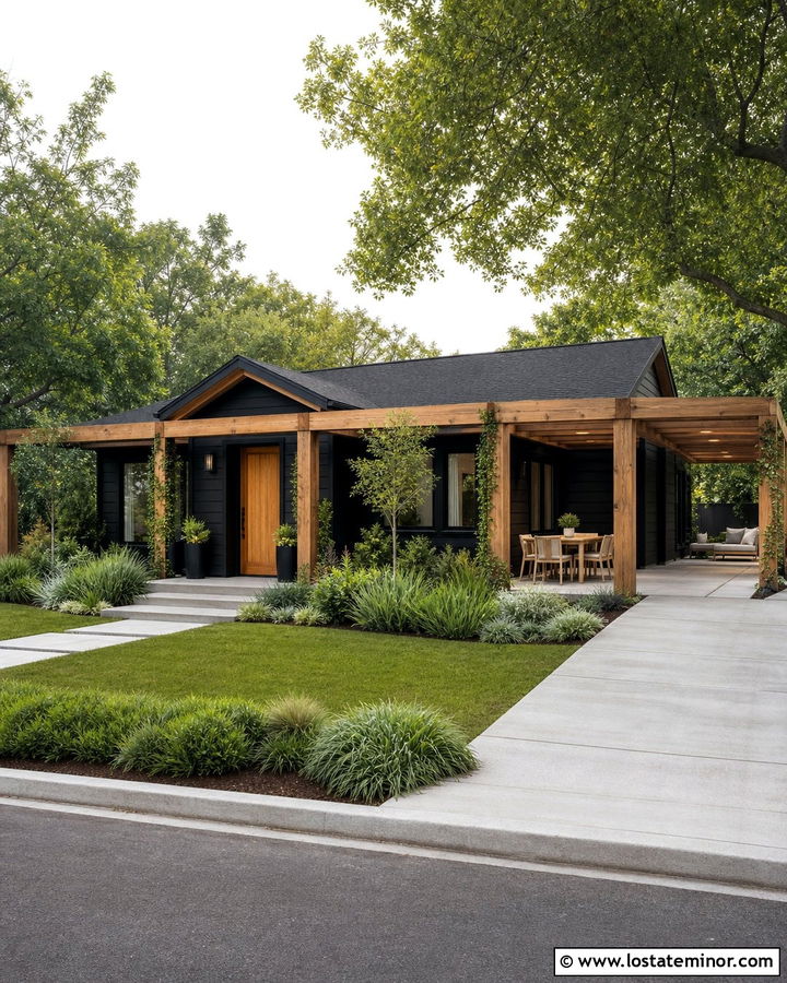 Jet Black House With Wraparound Pergola - 30 Jet Black House Design With Pergola Ideas