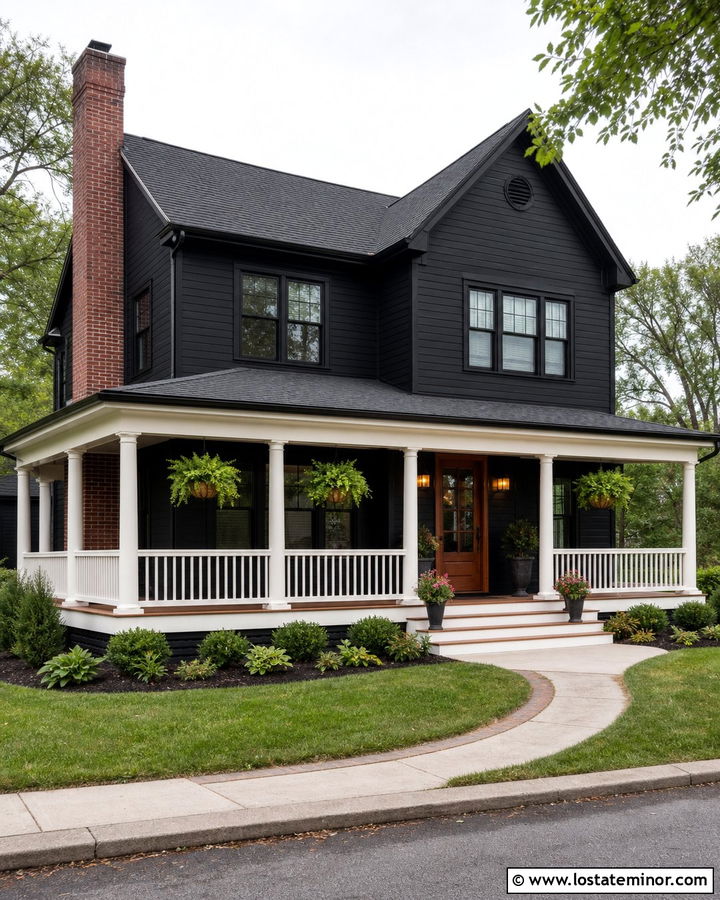 Jet Black House With Wraparound Porch And Chimney - 30 Jet Black House Design With Chimney Ideas