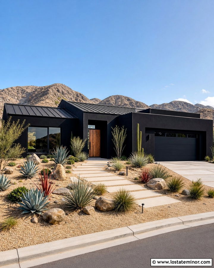Jet Black House With Xeriscape Front Yard - 30 Jet Black House Design With Front Yard Ideas