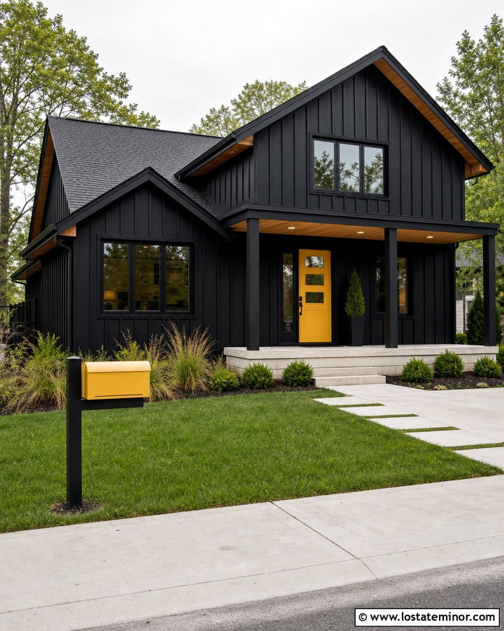Jet Black House With Yellow Mailbox - 30 Jet Black House Design With Mailbox Ideas