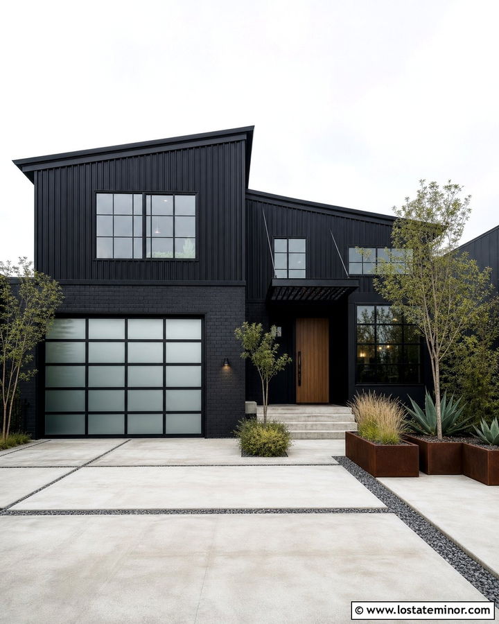 Jet Black Industrial House With Glass Garage Door - 30 Jet Black House Design With Garage Door Ideas