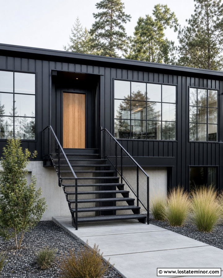 Jet Black Industrial House With Metal Steps - 30 Jet Black House Design With Steps Ideas