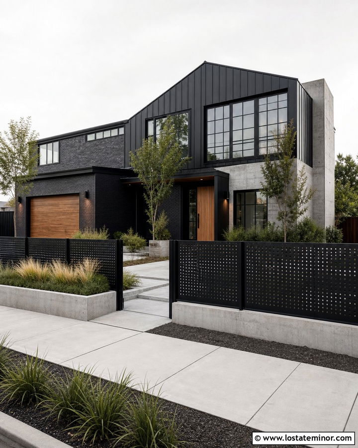 Jet Black Industrial House With Perforated Fence - 30 Jet Black House Design With Fence Ideas