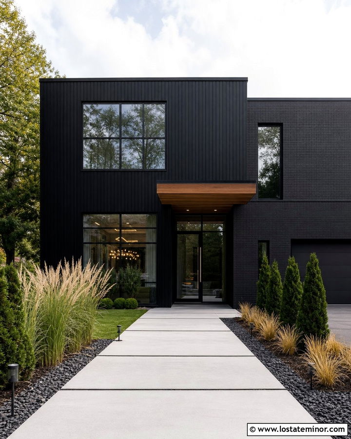 Jet Black Industrial House With Poured Concrete Walkway - 30 Jet Black House Design With Walkway Ideas