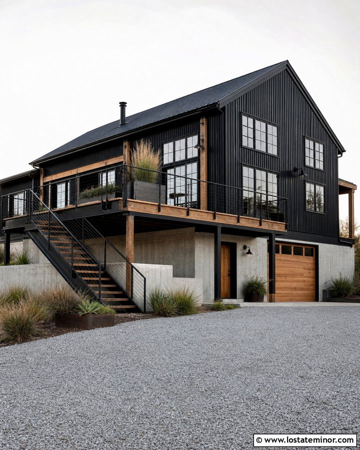 Jet Black Industrial House With Steel Deck - 30 Jet Black House Design With Deck Ideas