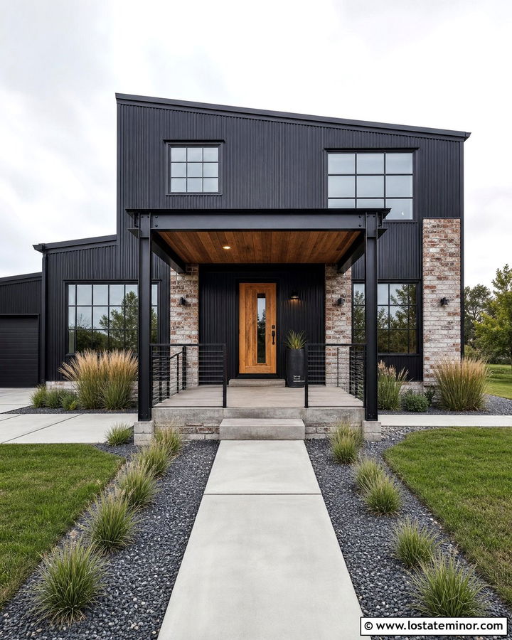 Jet Black Industrial House With Steel Porch - 30 Jet Black House Design With Front Porch Ideas