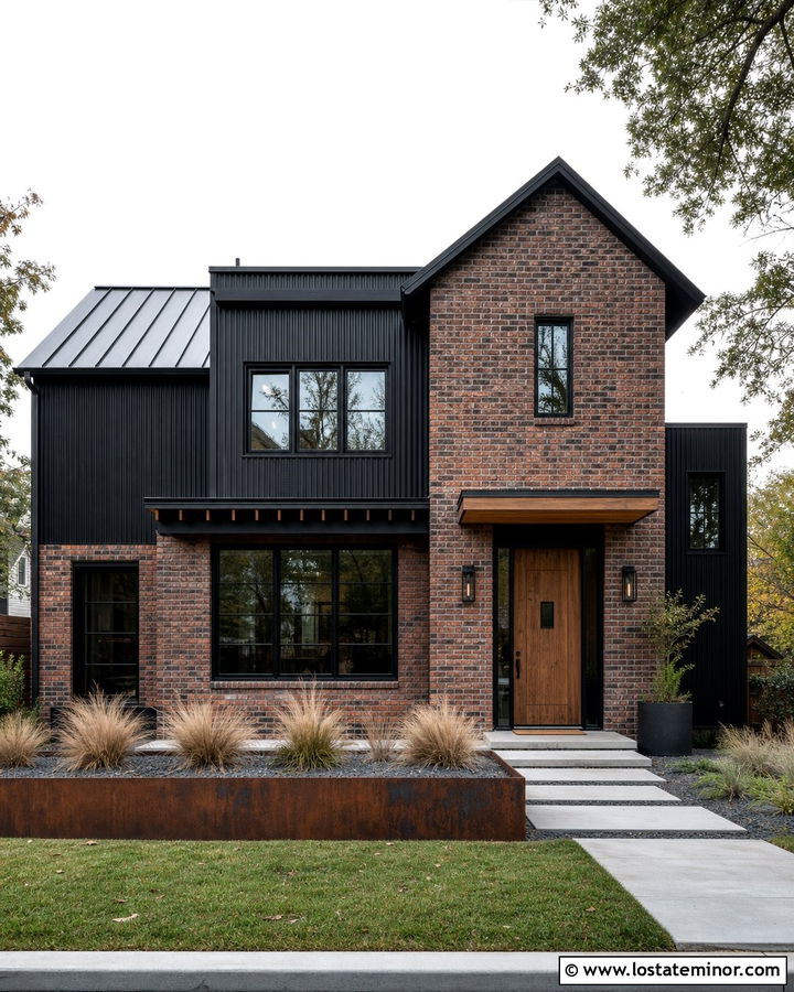 Jet Black Industrial House With Weathered Brick - 30 Jet Black House Design With Brick Accents Ideas