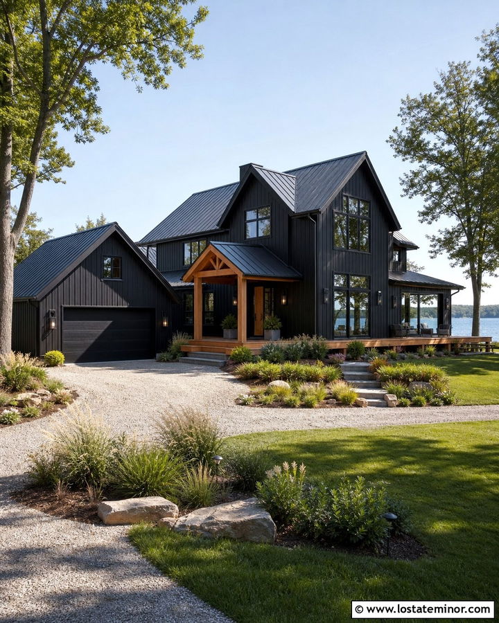 Jet Black Lake House With A Gray Metal Roof - 30 Jet Black House Design With Board and Batten Ideas