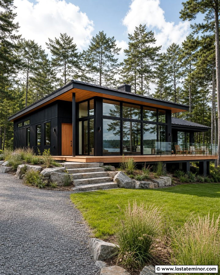Jet Black Lake House With Black Window Walls - 30 Jet Black House Design With Window Frames Ideas