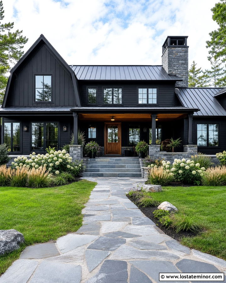 Jet Black Lake House With Bluestone Accents - 30 Jet Black House Design With Stone Accents Ideas
