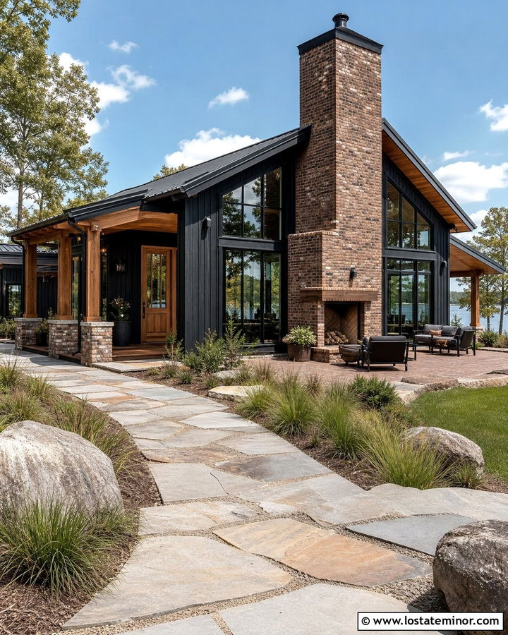 Jet Black Lake House With Brick Fireplace - 30 Jet Black House Design With Brick Accents Ideas