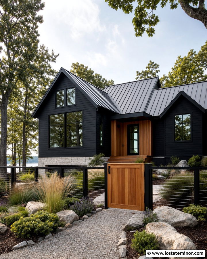 Jet Black Lake House With Cable Fence - 30 Jet Black House Design With Fence Ideas