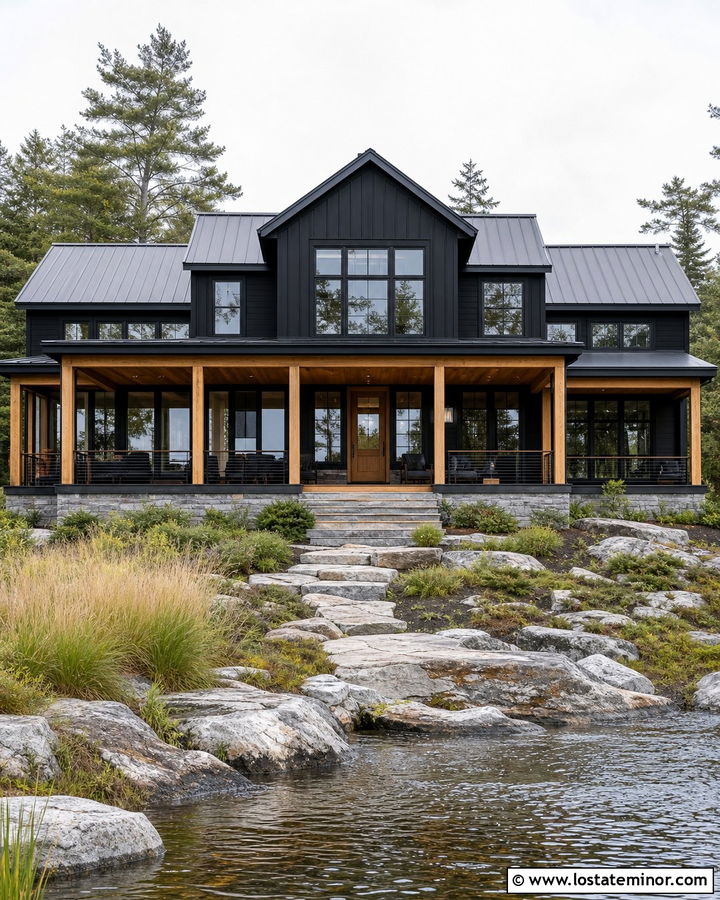 Jet Black Lake House With Cable Rail Porch Columns - 30 Jet Black House Design With Porch Columns Ideas