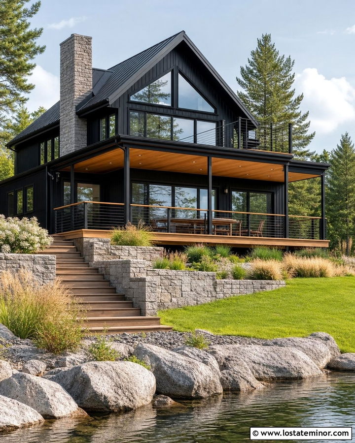 Jet Black Lake House With Cable Railing Deck - 30 Jet Black House Design With Deck Ideas