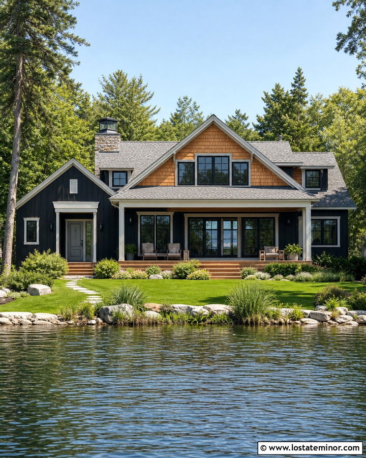 Jet Black Lake House With Cedar Shakes And Gray Doors - 30 Jet Black House Design With Cedar Shake Ideas