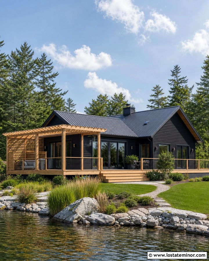 Jet Black Lake House With Deck Pergola - 30 Jet Black House Design With Pergola Ideas