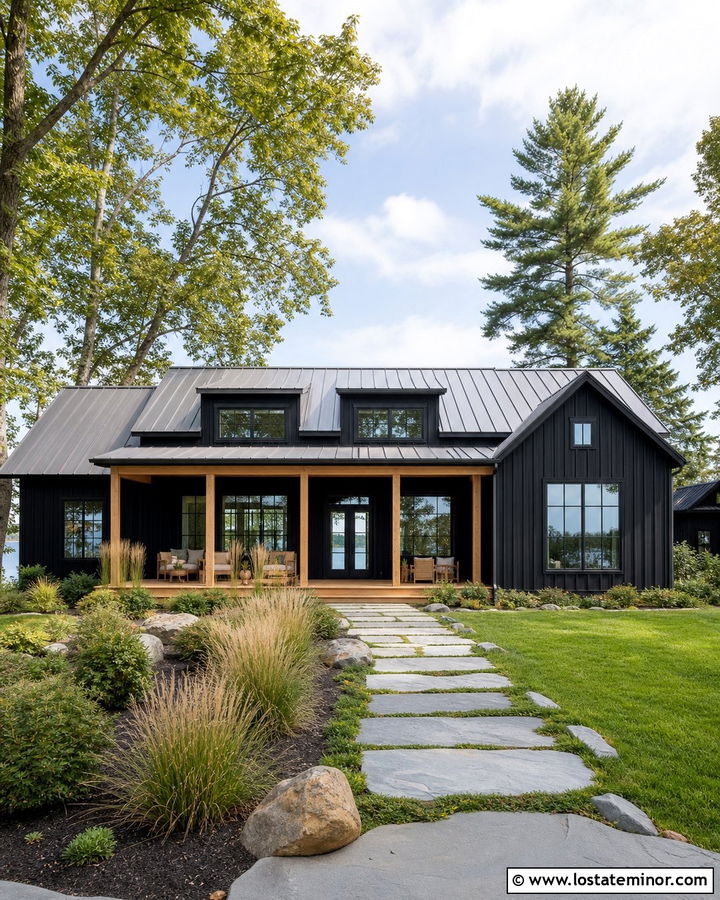 Jet Black Lake House With Open Front Porch - 30 Jet Black House Design With Front Porch Ideas