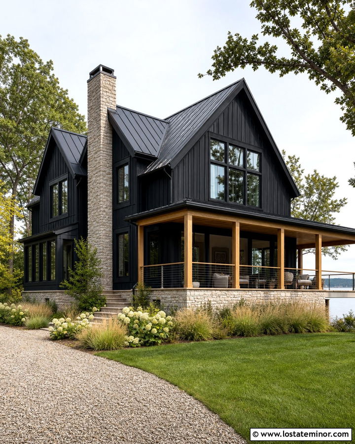 Jet Black Lake House With Stone Chimney - 30 Jet Black House Design With Chimney Ideas