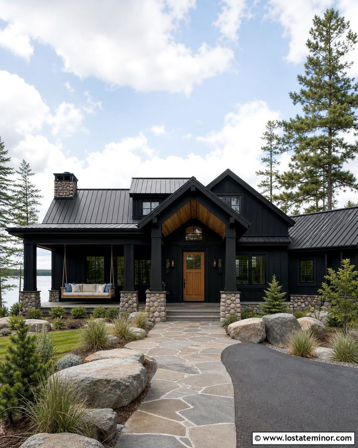 Jet Black Lake House With Suspended Bed Swing - 30 Jet Black House Design With Swing Ideas