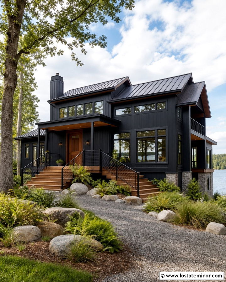 Jet Black Lake House With Timber Steps - 30 Jet Black House Design With Steps Ideas