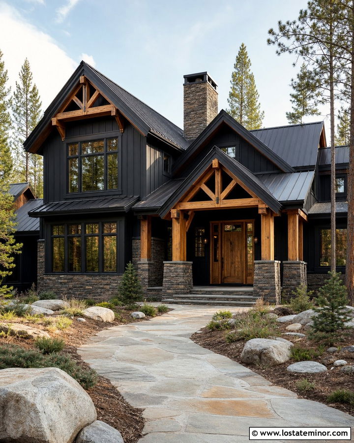 Jet Black Lodge House With Dry Stack Stone Wainscoting - 30 Jet Black House Design With Wainscoting Ideas