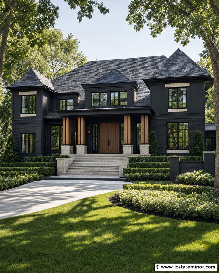 Jet Black Luxury Estate With Mixed Material Porch Columns - 30 Jet Black House Design With Porch Columns Ideas